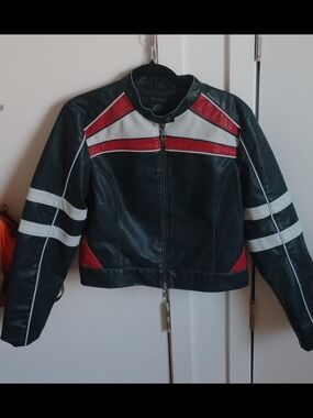 Navy Blue Leather Racing Jacket with Red & White Accents